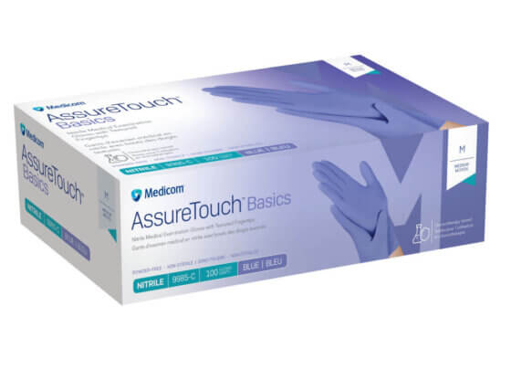 Medicom AssureTouch Basics, Blue Nitrile Gloves 5mil, Medium (Box 100)