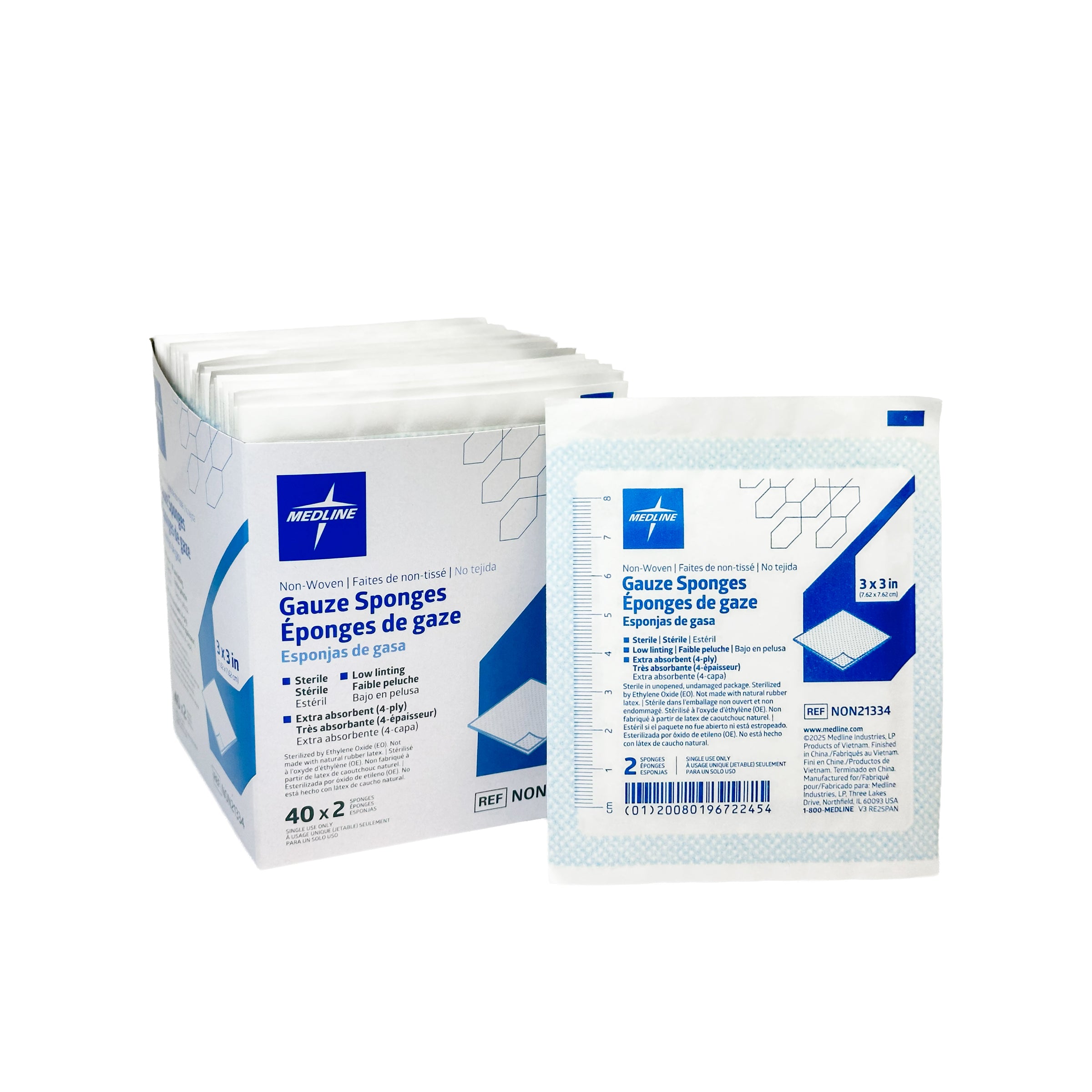 Medline Sterile Non-Woven Gauze Sponge, 4-Ply, 3" x 3" (7.5 cm x 7.5 cm), 40/Box