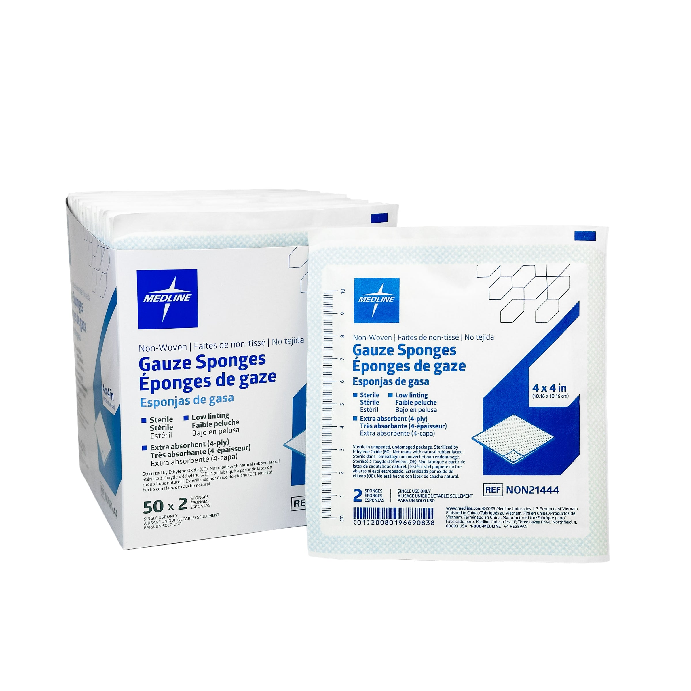 Medline Sterile Non-Woven Gauze Sponge, 4-Ply, 4" x 4" (10 cm x 10 cm), 50 packs of 2