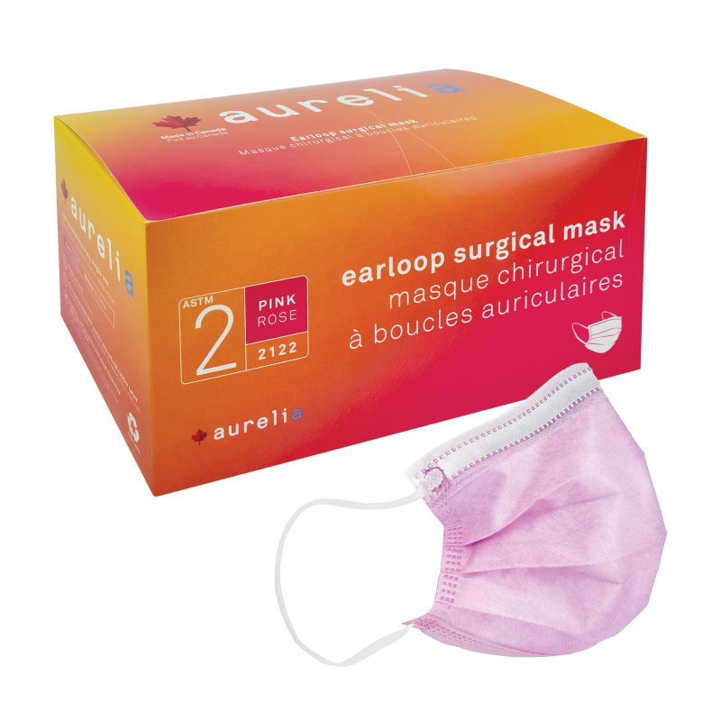 Face Masks, ASTM Level 2, Pink, 3-Ply Earloop - Box of 50