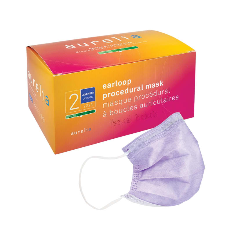 Face Masks, ASTM Level 2, Lavender, 3-Ply Earloop - Box of 50