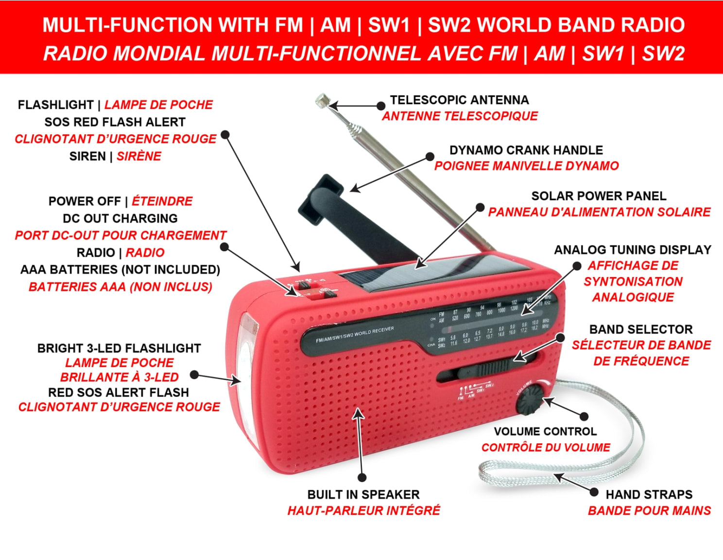 Crank/Solar Power Radio Flashlight with Siren