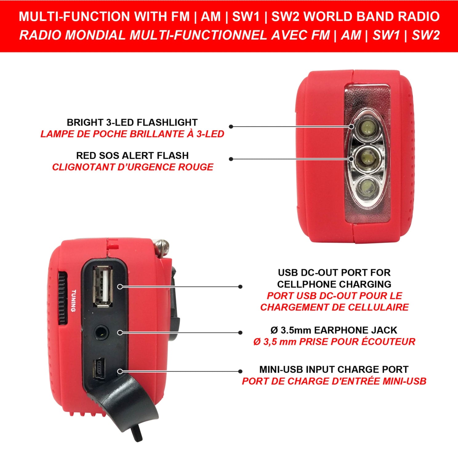 Crank/Solar Power Radio Flashlight with Siren