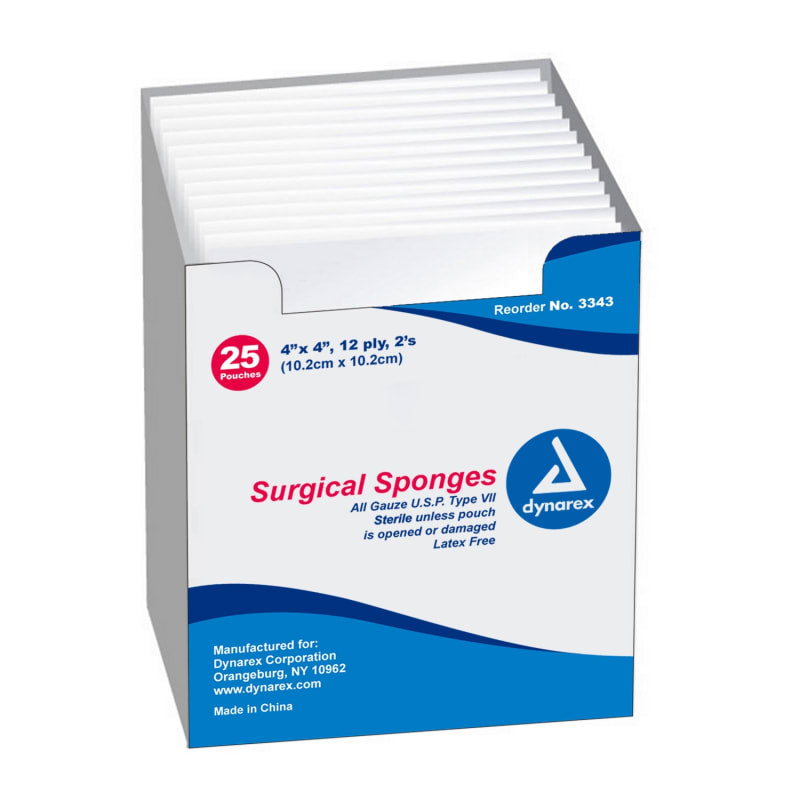Dynarex Gauze Sponges, Sterile - 2's, 4" x 4" - 12 Ply (25/box)