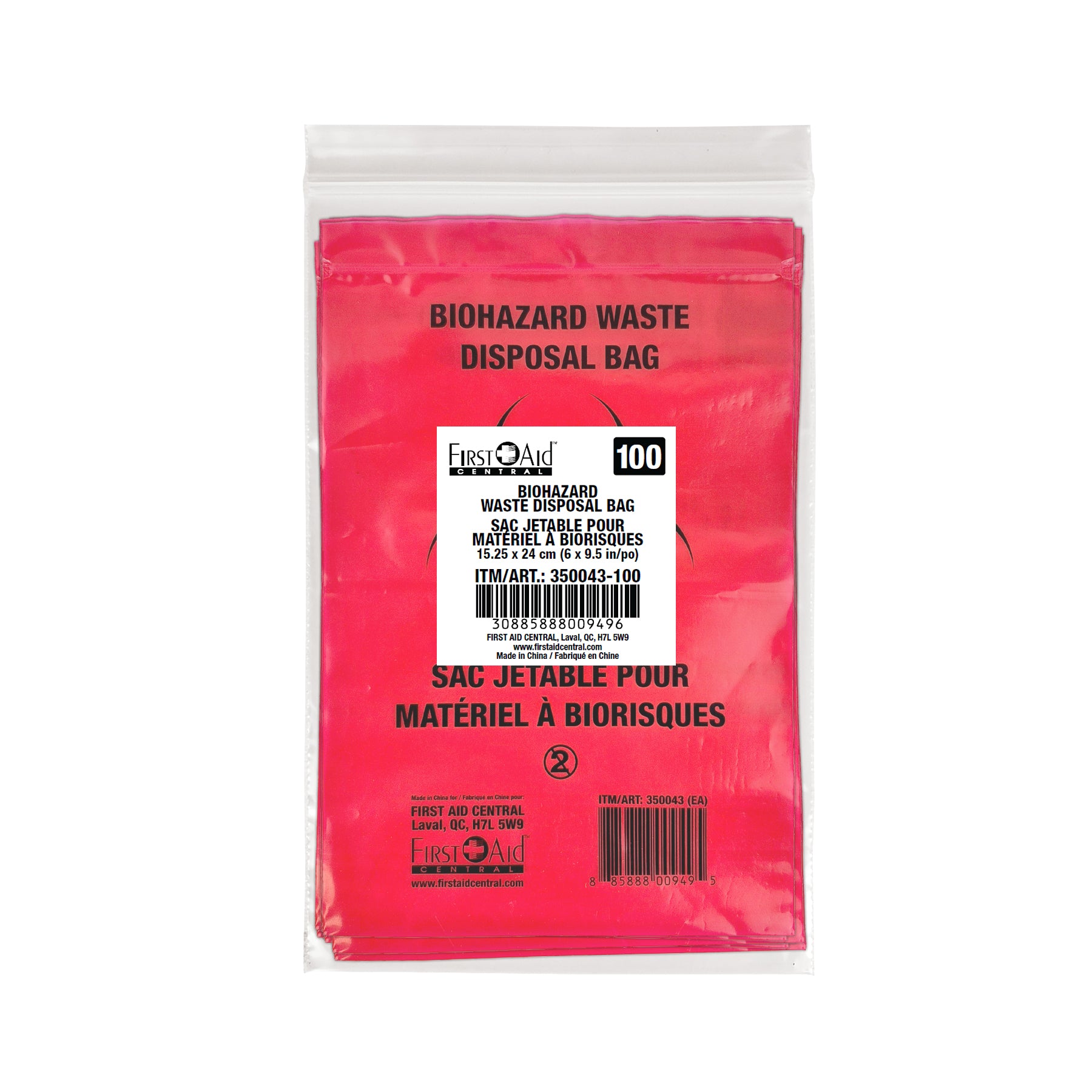 Biohazard Waste Bags, Resealable, Red 15.25 x 24cm (6"x 9.5")