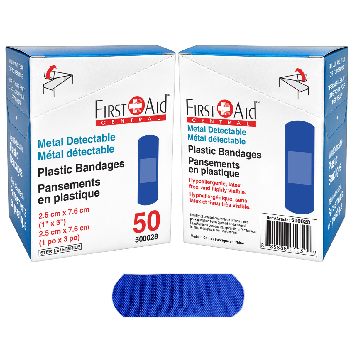 Metal Detectable Plastic Bandages, Blue, 1" x 3", 50 Count