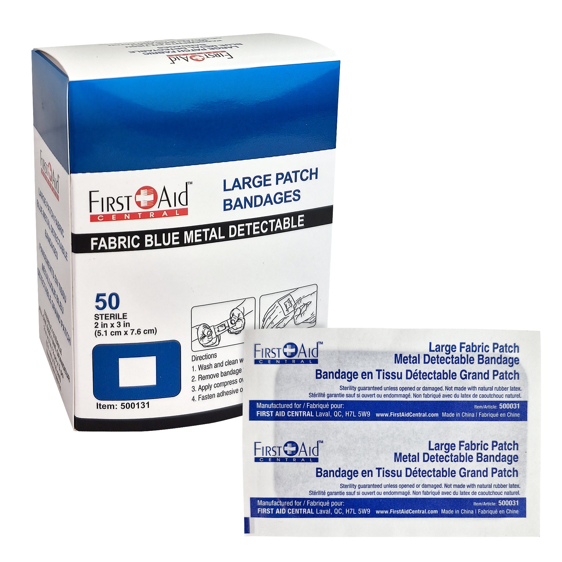 Pansements détectables en tissu, grand patch, 5,1 x 7,6 cm, léger, boîte de 50