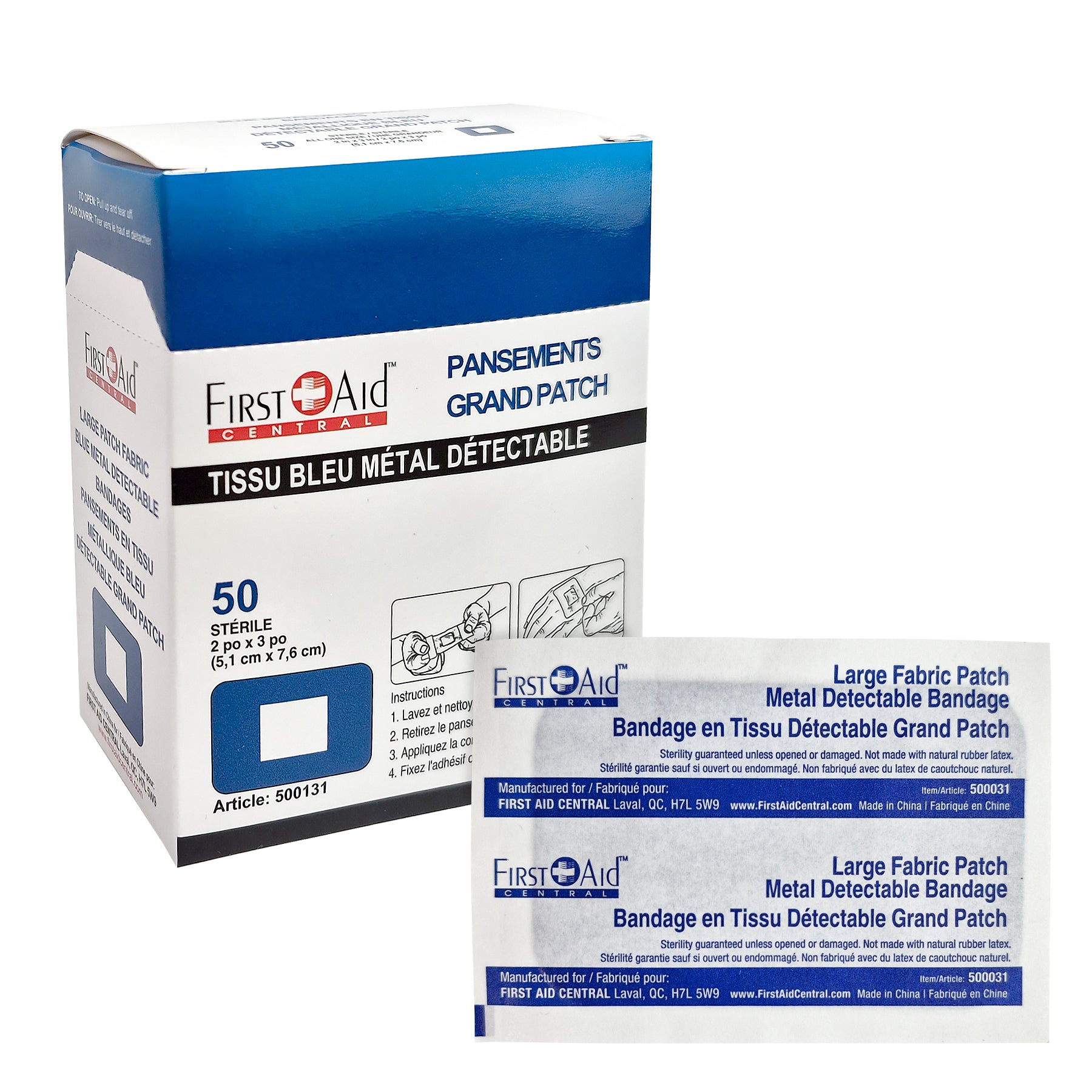 Pansements détectables en tissu, grand patch, 5,1 x 7,6 cm, léger, boîte de 50