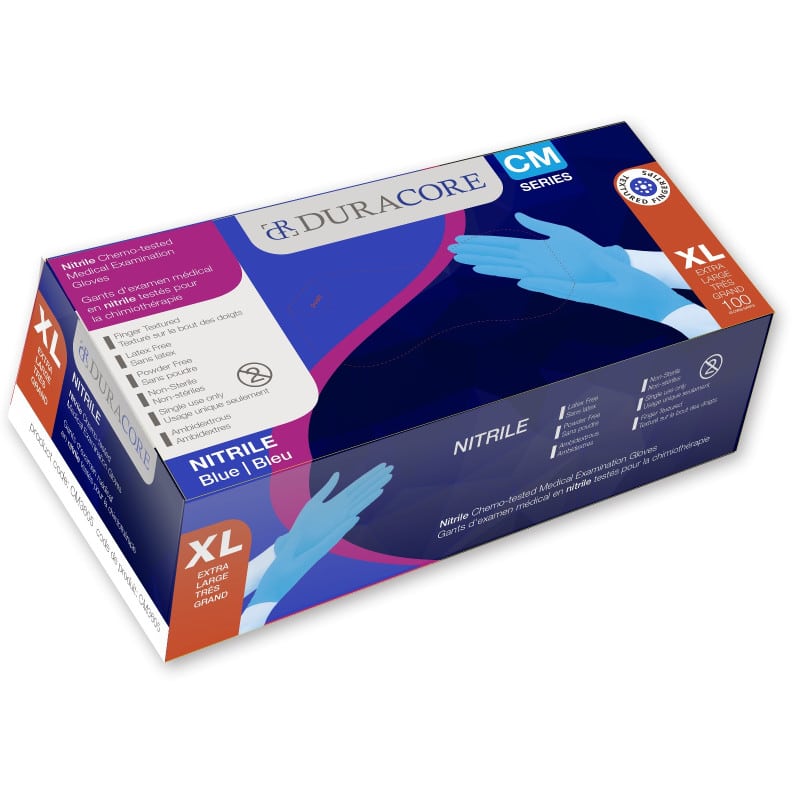 DURACORE, Gants d'examen médical en nitrile bleu testés contre la chimiothérapie - boîte de 100