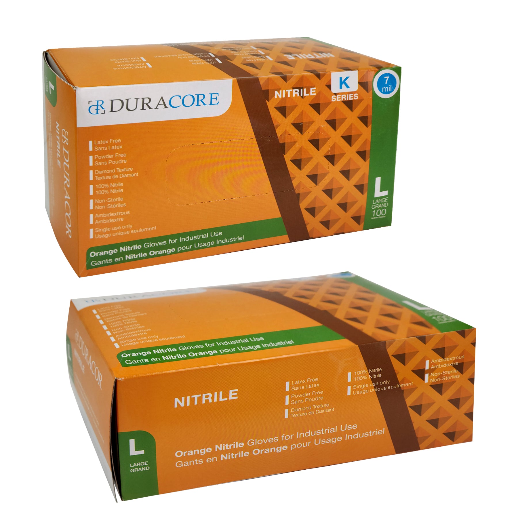 DURACORE, Nitrile Orange Textured Gloves, Powder Free, 7mil, Box of 100