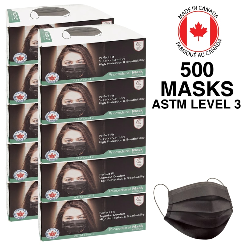 Masques noirs à 3 épaisseurs, fabriqués au Canada, ASTM niveau 3, total 500 masques - Fabriqués au Canada
