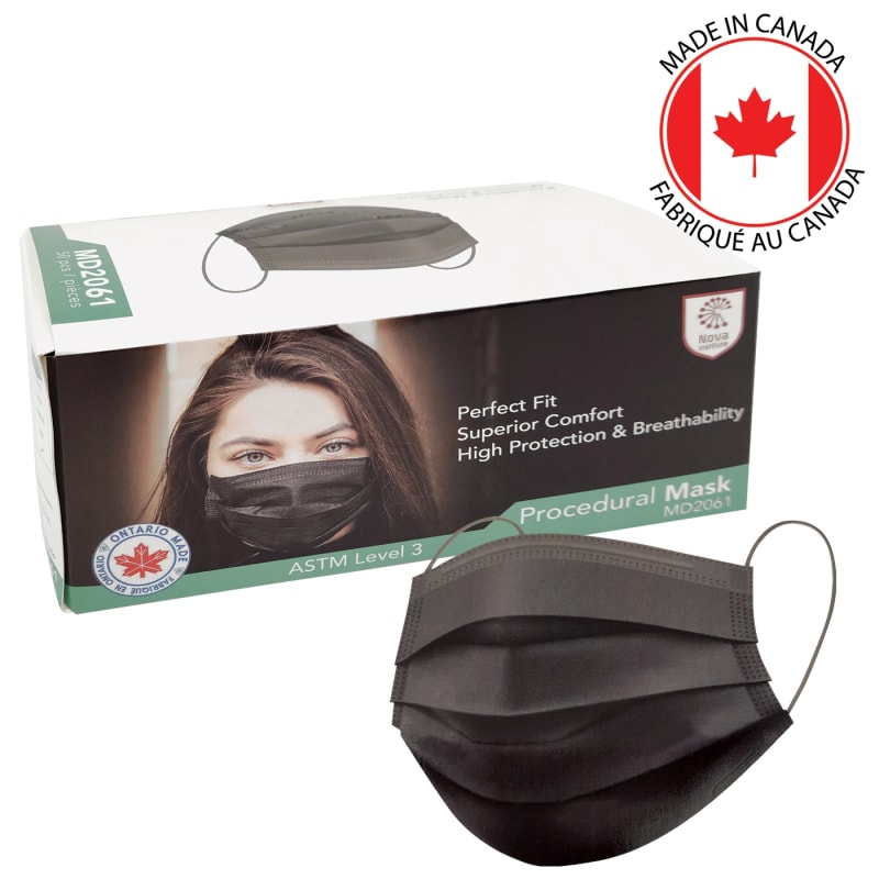 Black Face Masks, ASTM Level 3, 3-Ply Earloop - Box of 50 - Made in Canada