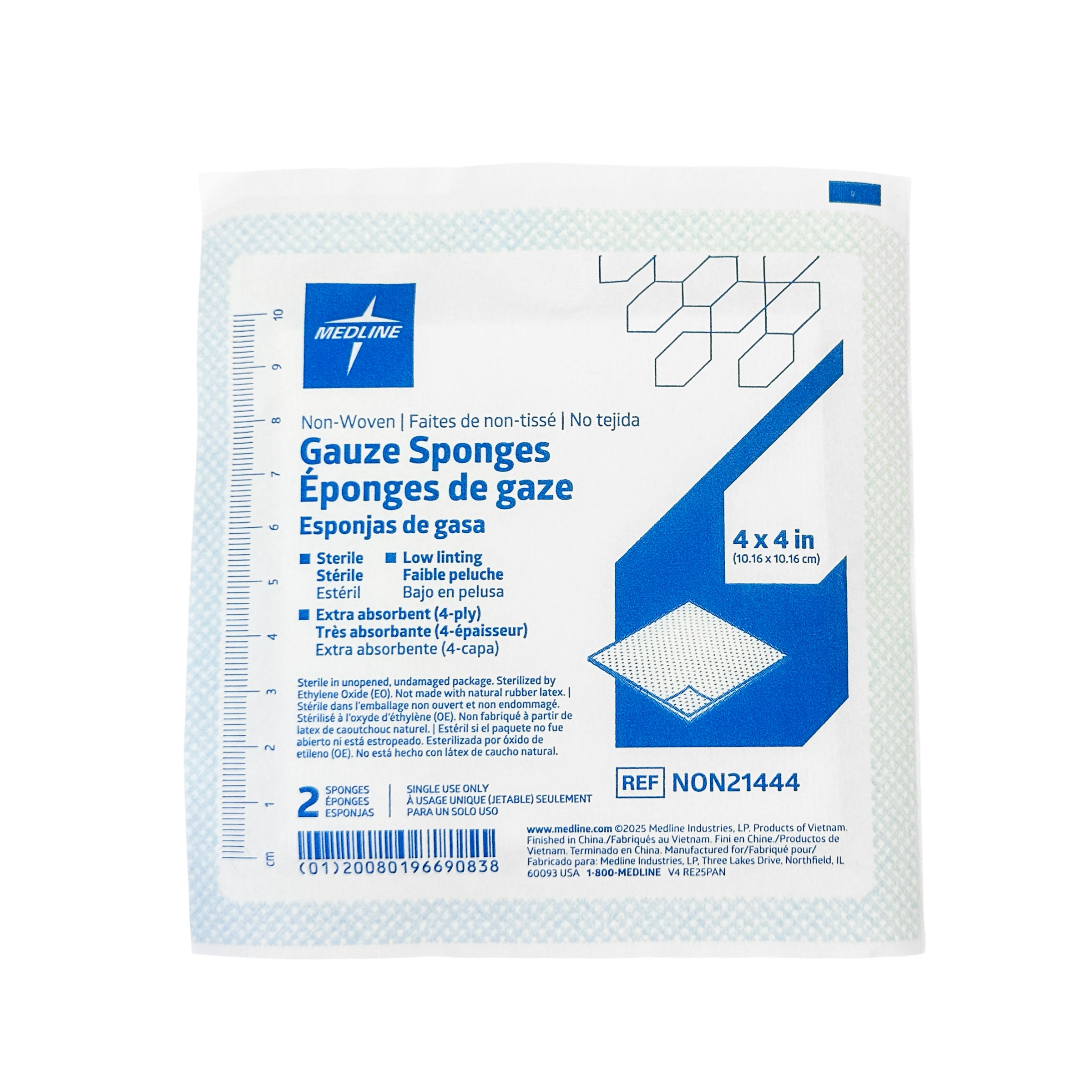 Medline Sterile Non-Woven Gauze Sponge, 4-Ply, 4" x 4" (10 cm x 10 cm), 50 packs of 2