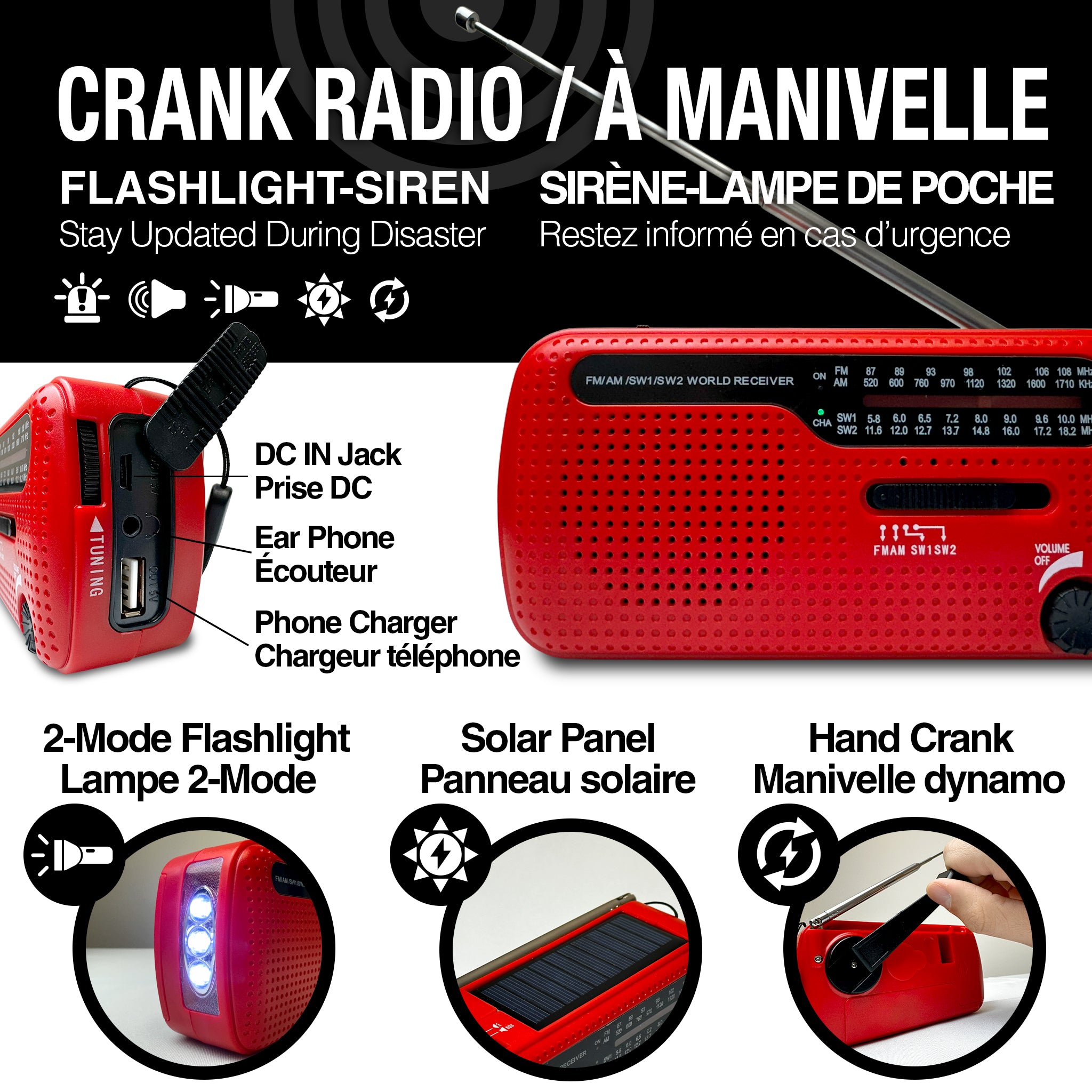 Lampe de poche radio à manivelle/énergie solaire avec sirène