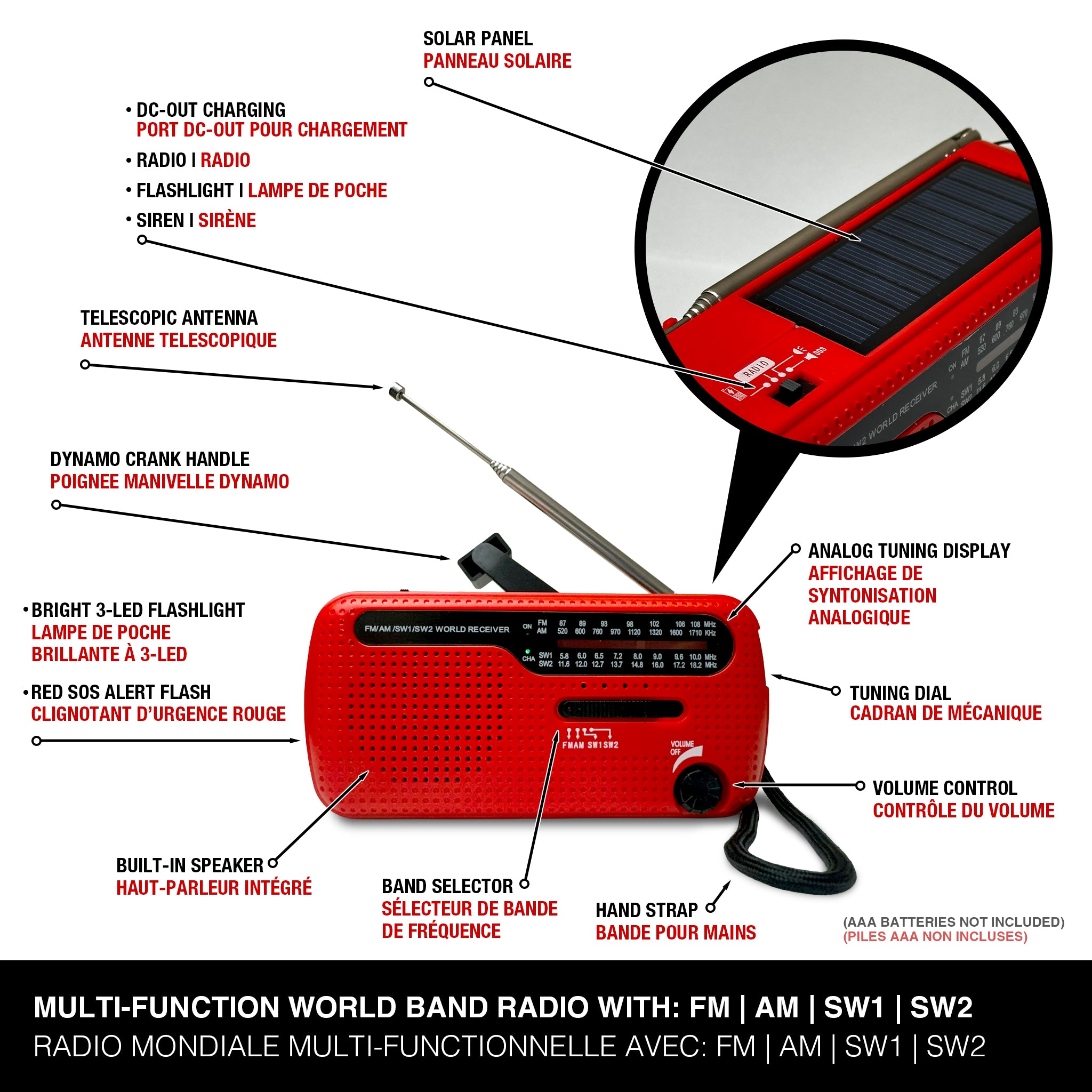 Lampe de poche radio à manivelle/énergie solaire avec sirène
