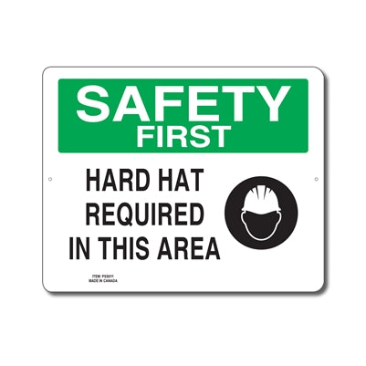 HARD HAT REQUIRED IN THIS AREA - SAFETY FIRST SIGN